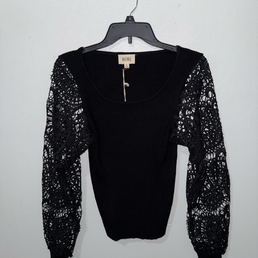 BIBI Black Sweater with Lace Sleeves